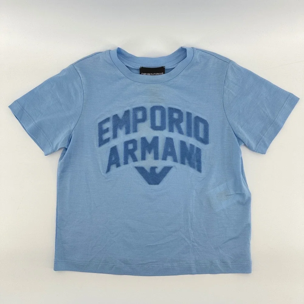 Emporio Armani Kids Light Blue Flocked Logo T-Shirt Size 4A 106cm NWT